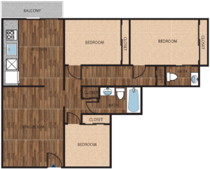 A floor plan of a house with a balcony, closet, and bathroom.